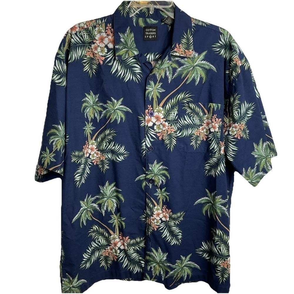Cotton Traders Mens XL Hawaiian Shrt Navy Blue Palm Floral Short Sleeve Pocket - Picture 2 of 7